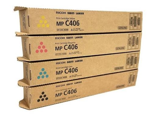 Los cuatro colores del tóner Ricoh MP C406 en sus cajas